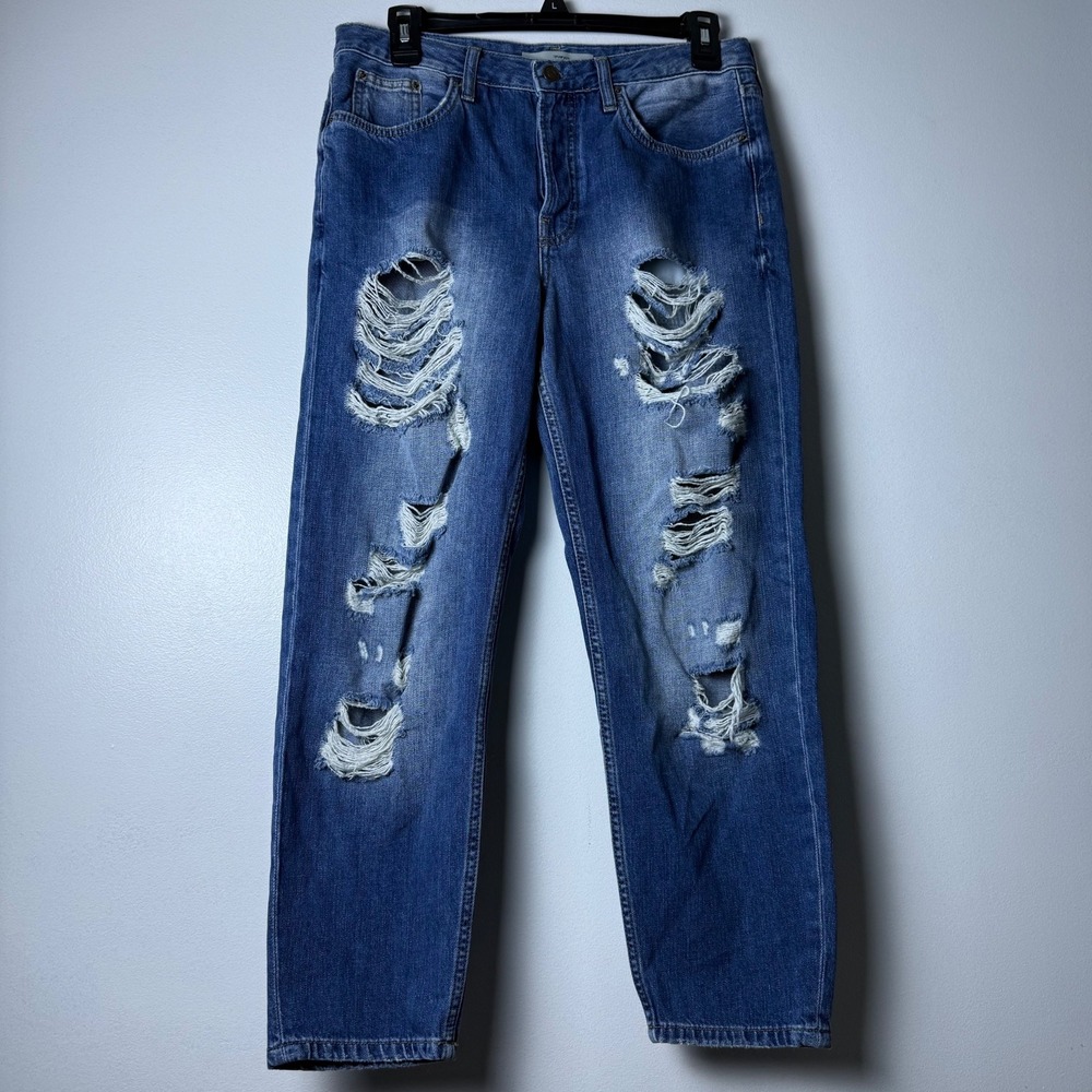 Topshop Moto Hayden Distressed Ripped Boyfriend Jeans Denim Blue Size 28